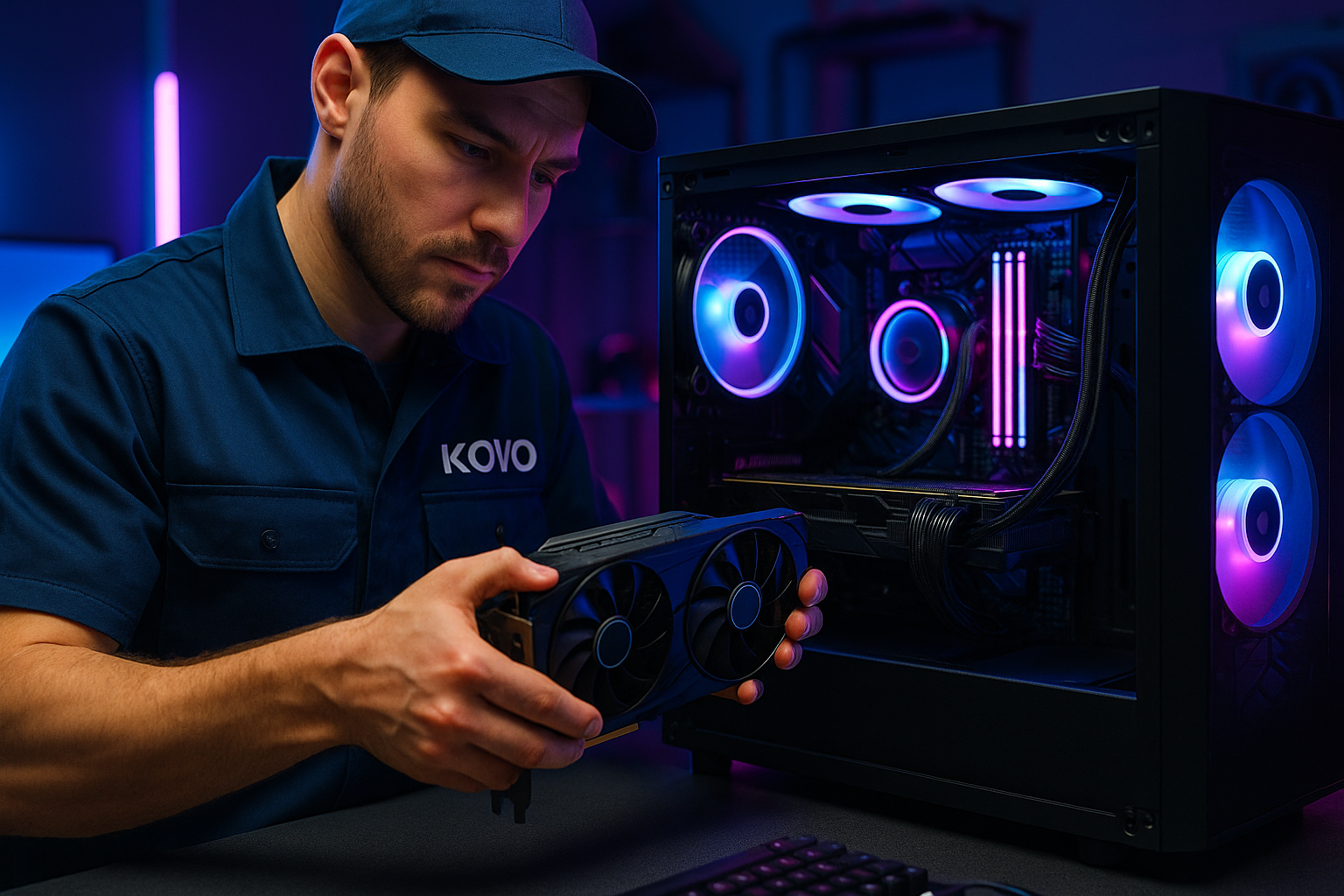 gere a imagem um tecnico retirando a peca de um computador gamer com fundo gamer 4K  utilzando a resolucao 3645 × 2048 com a marca kovo escrito no uniforme dele 